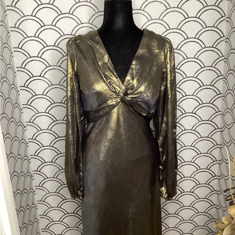 Lost + Wander Gold Metallic Puff Sleeve Dress – Size Medium
